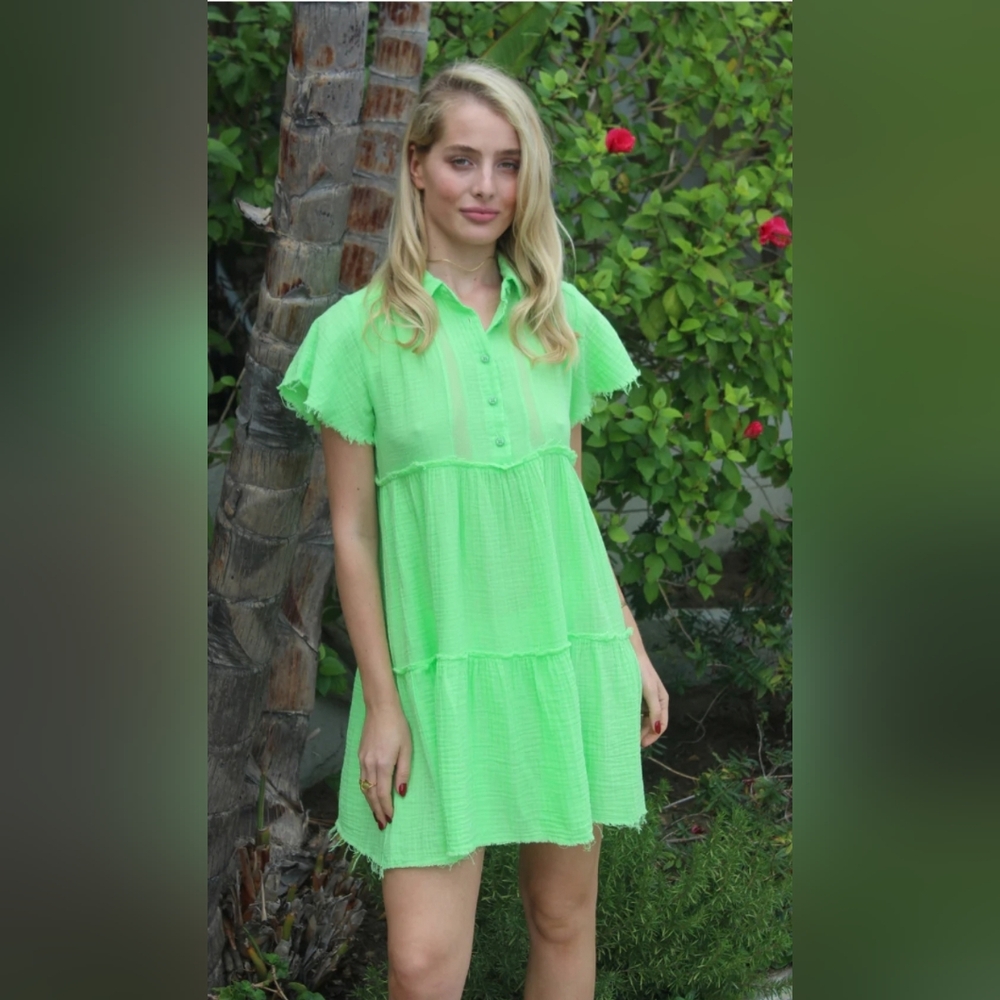 Stark X Morgan Gauze Summer Neon Green Midi Tiered Dress Women's Size XSmall Xs